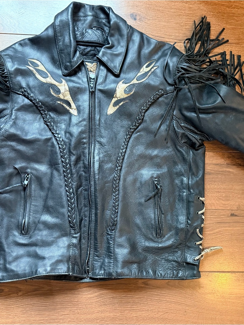 Men's Black Leather Fringe Jacket with Snake Flame Accents